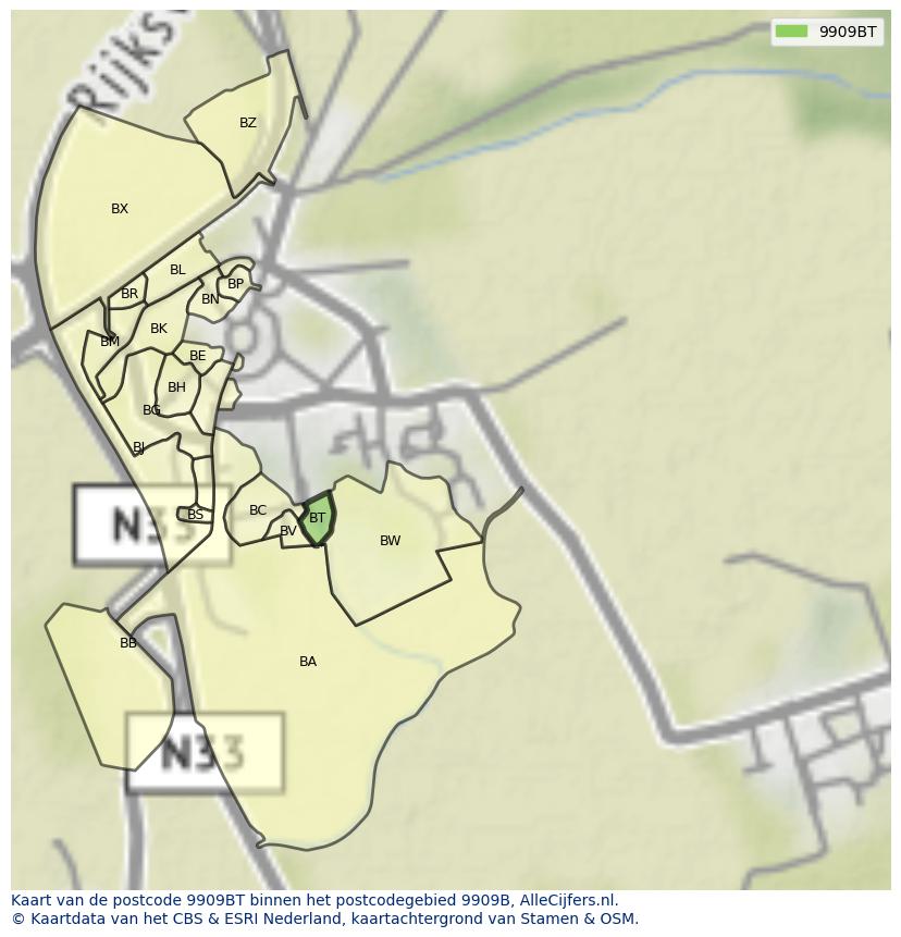 Afbeelding van het postcodegebied 9909 BT op de kaart.