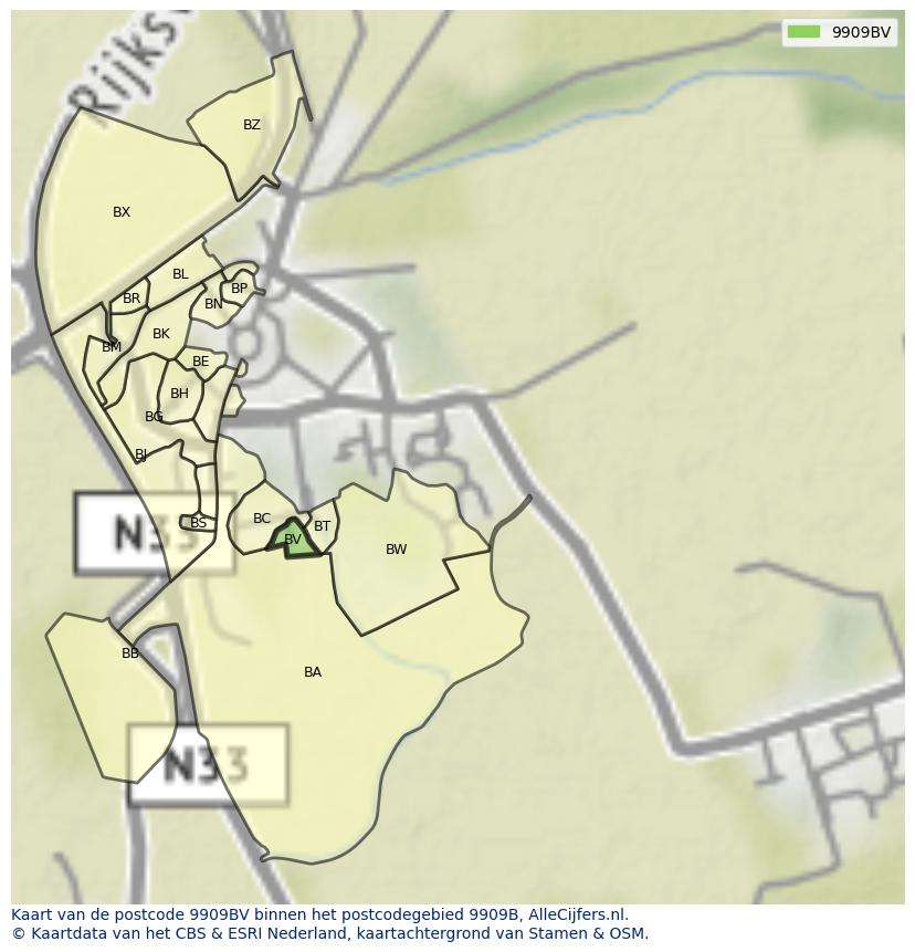 Afbeelding van het postcodegebied 9909 BV op de kaart.