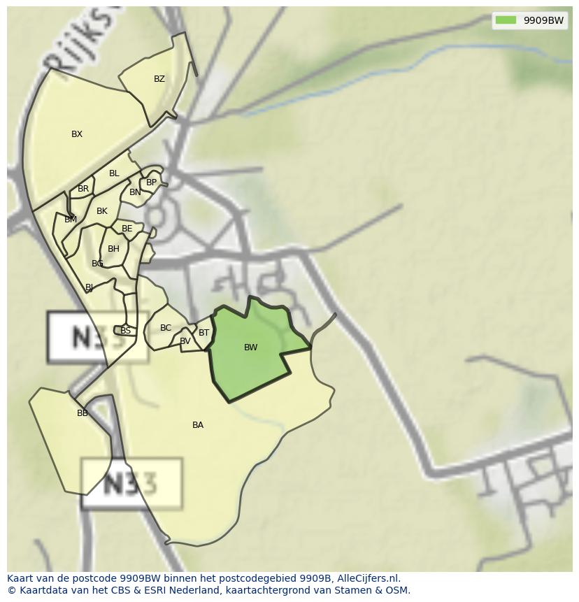 Afbeelding van het postcodegebied 9909 BW op de kaart.