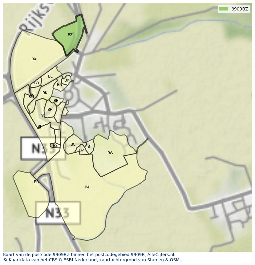 Afbeelding van het postcodegebied 9909 BZ op de kaart.