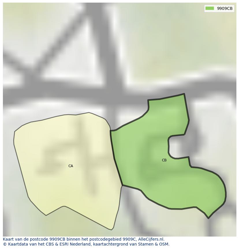 Afbeelding van het postcodegebied 9909 CB op de kaart.