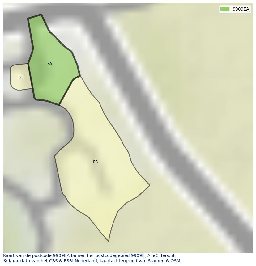 Afbeelding van het postcodegebied 9909 EA op de kaart.