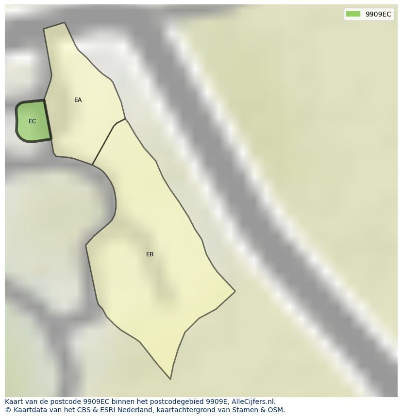 Afbeelding van het postcodegebied 9909 EC op de kaart.