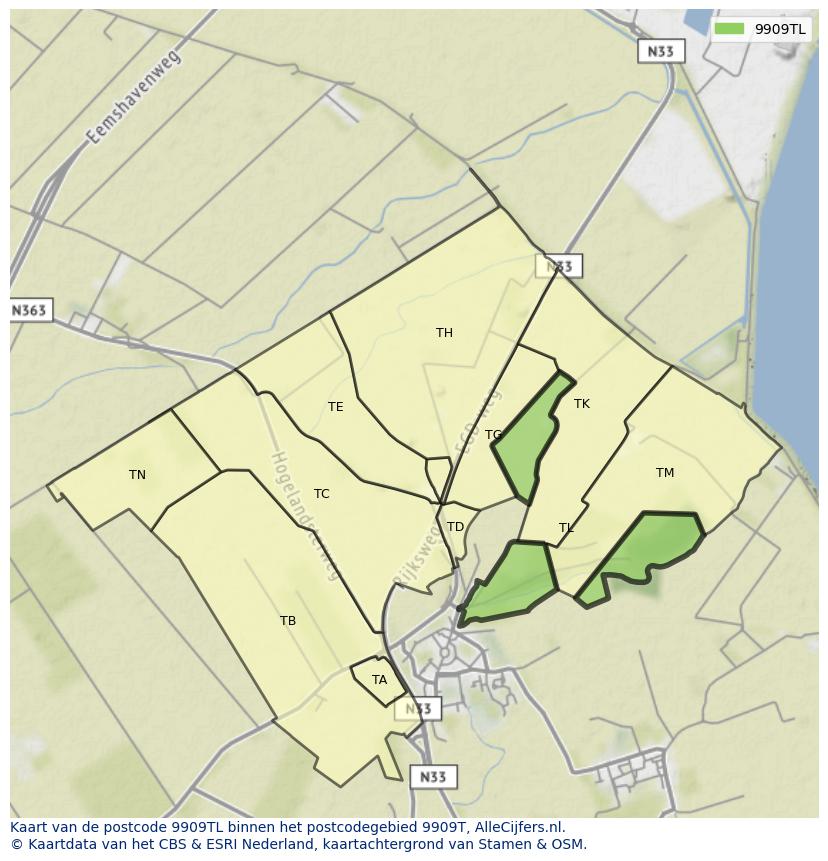 Afbeelding van het postcodegebied 9909 TL op de kaart.