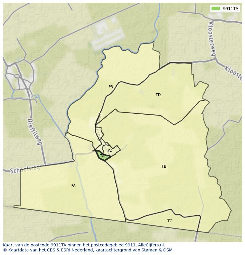 Afbeelding van het postcodegebied 9911 TA op de kaart.