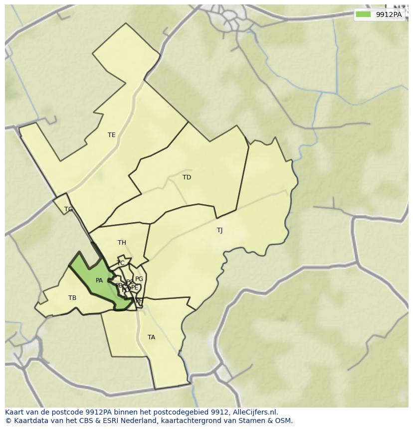 Afbeelding van het postcodegebied 9912 PA op de kaart.