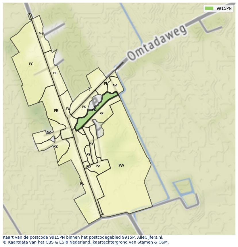 Afbeelding van het postcodegebied 9915 PN op de kaart.