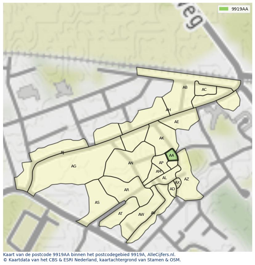 Afbeelding van het postcodegebied 9919 AA op de kaart.