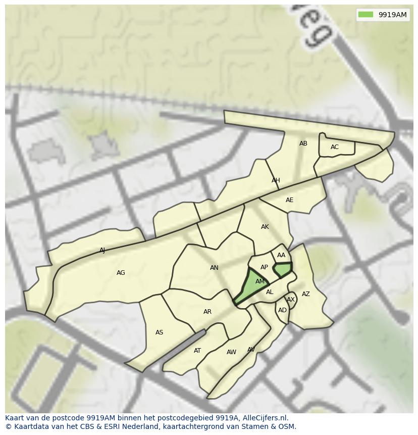 Afbeelding van het postcodegebied 9919 AM op de kaart.