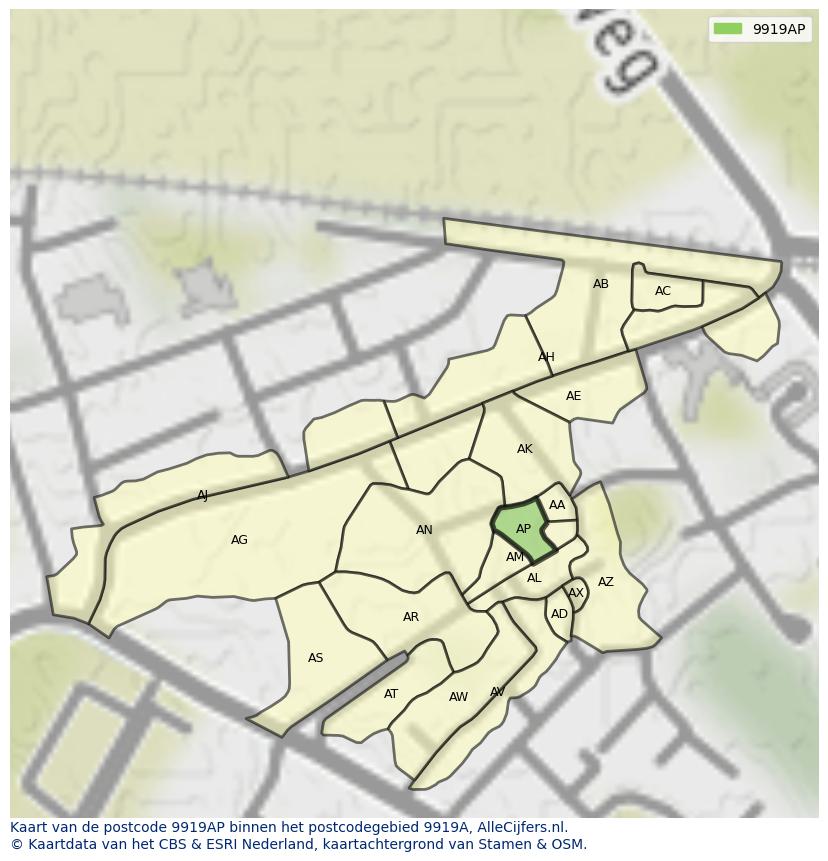 Afbeelding van het postcodegebied 9919 AP op de kaart.