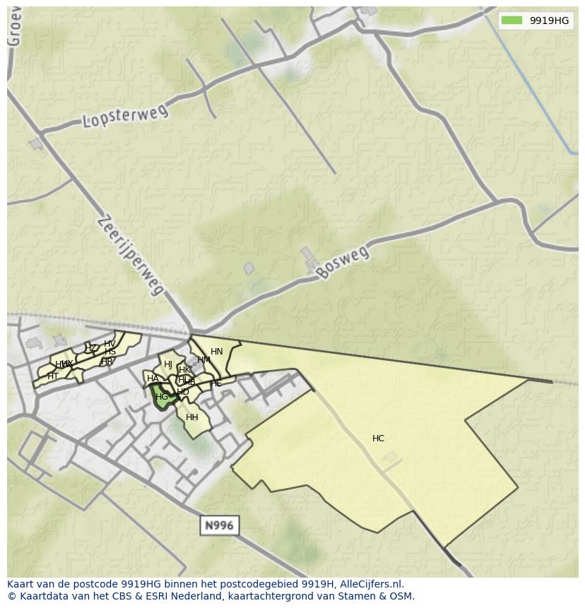 Afbeelding van het postcodegebied 9919 HG op de kaart.