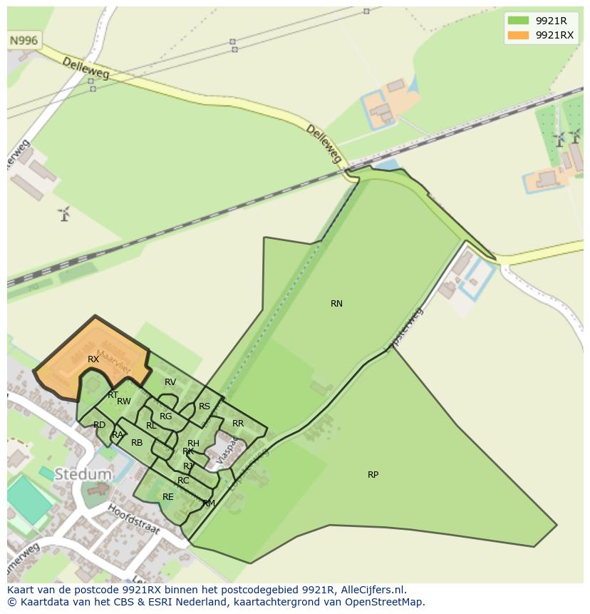 Afbeelding van het postcodegebied 9921 RX op de kaart.