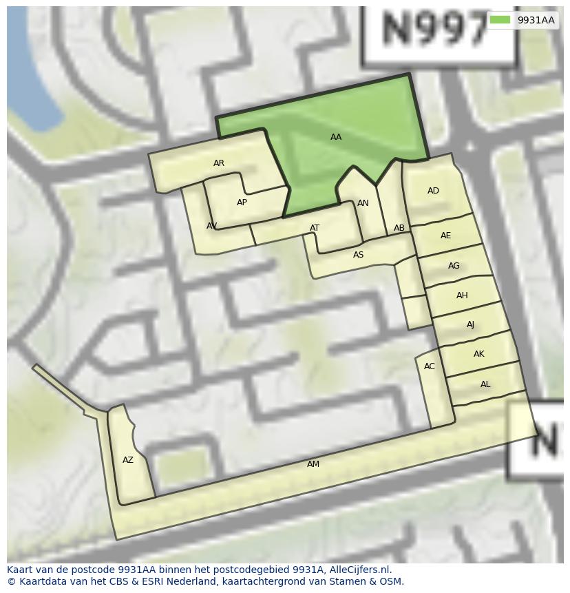 Afbeelding van het postcodegebied 9931 AA op de kaart.