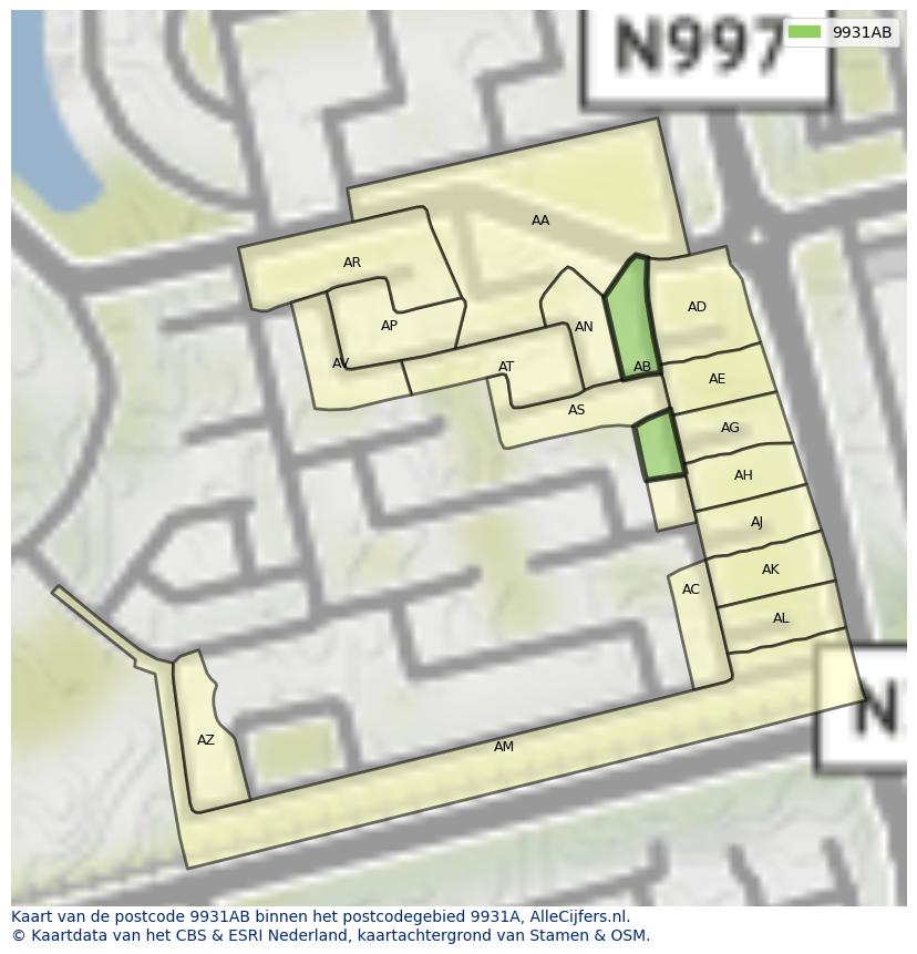 Afbeelding van het postcodegebied 9931 AB op de kaart.