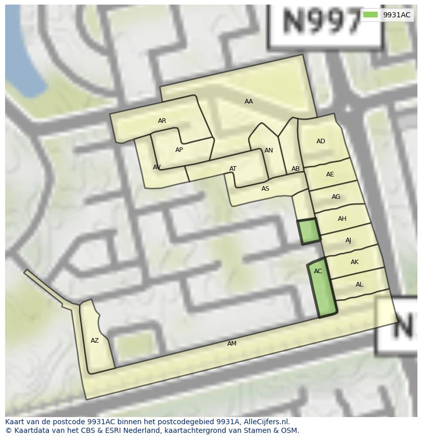 Afbeelding van het postcodegebied 9931 AC op de kaart.