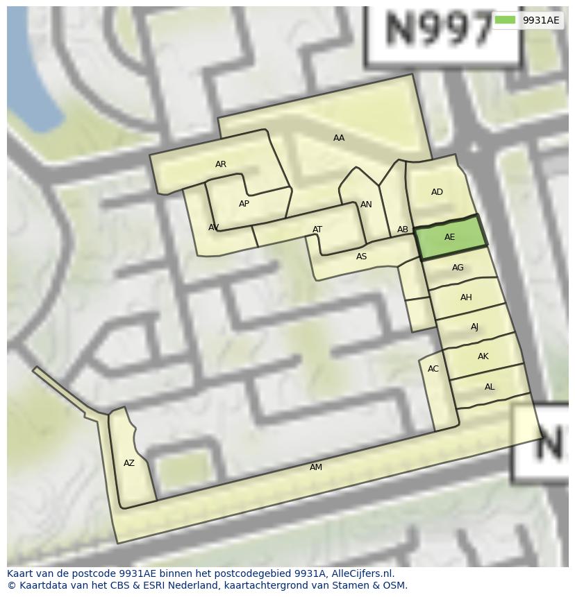 Afbeelding van het postcodegebied 9931 AE op de kaart.