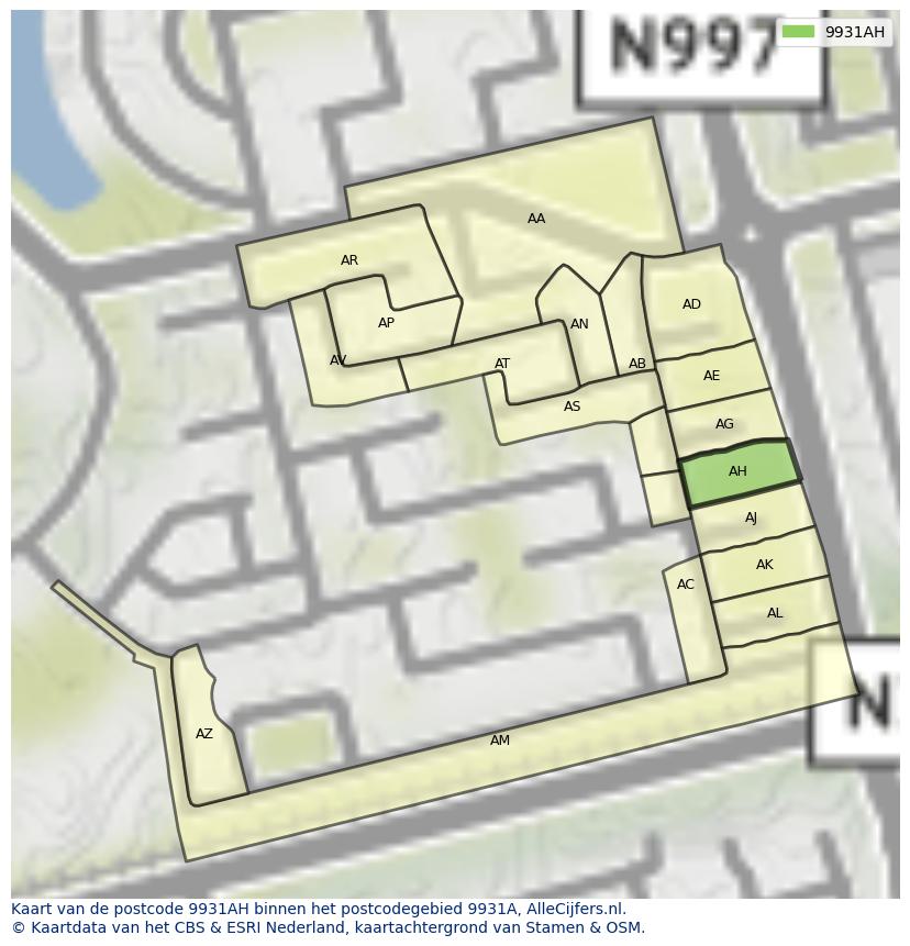 Afbeelding van het postcodegebied 9931 AH op de kaart.