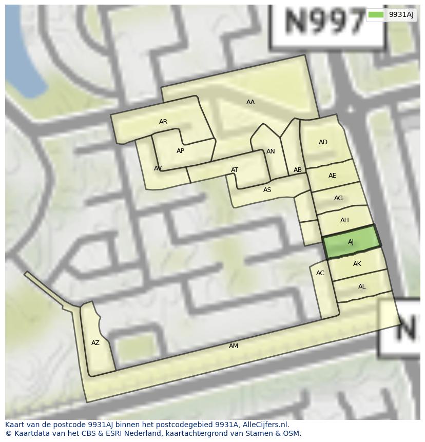 Afbeelding van het postcodegebied 9931 AJ op de kaart.