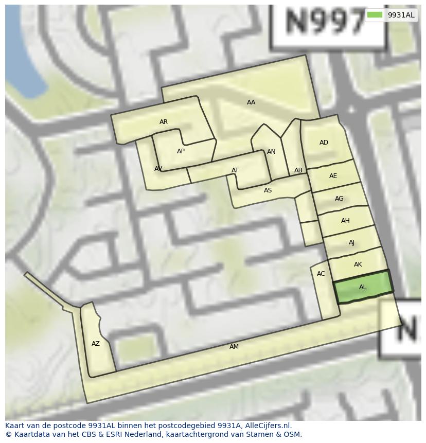 Afbeelding van het postcodegebied 9931 AL op de kaart.
