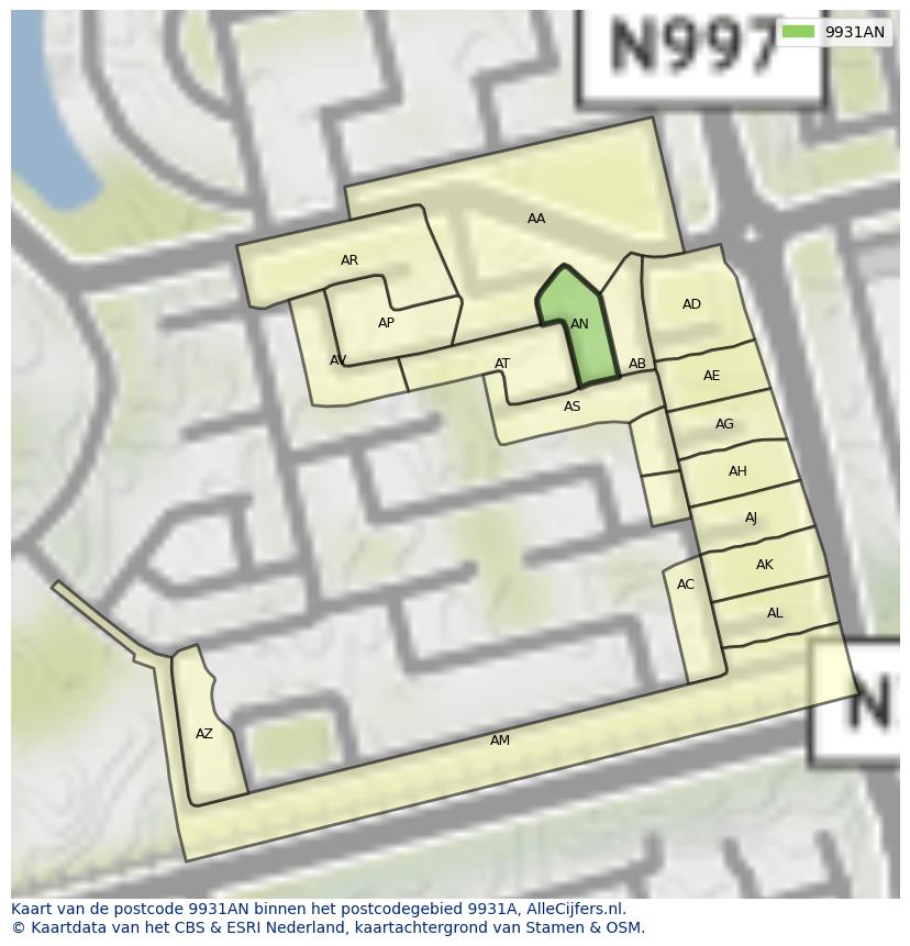 Afbeelding van het postcodegebied 9931 AN op de kaart.