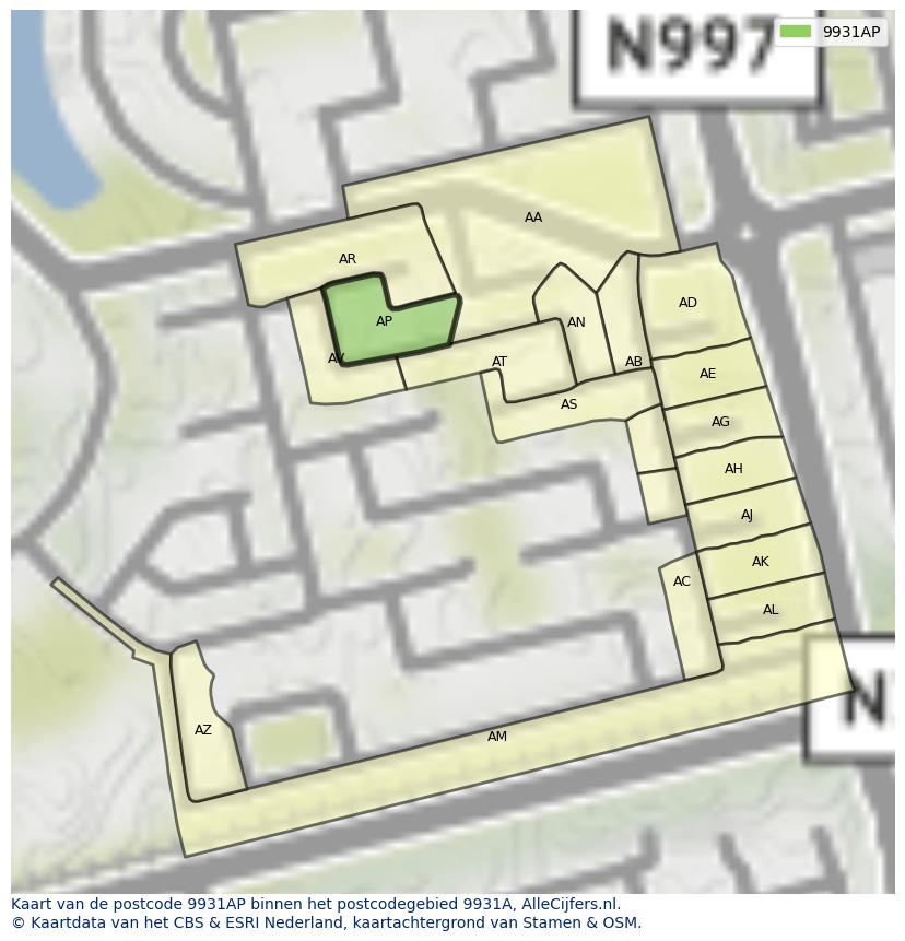 Afbeelding van het postcodegebied 9931 AP op de kaart.