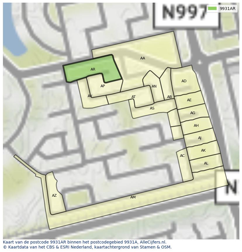 Afbeelding van het postcodegebied 9931 AR op de kaart.