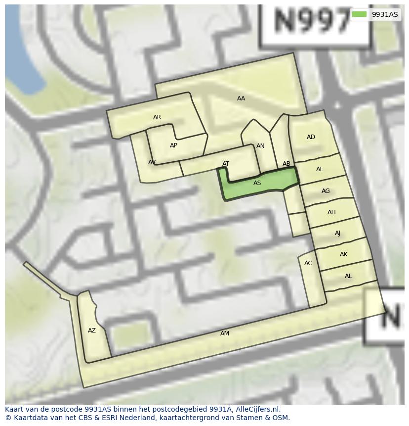 Afbeelding van het postcodegebied 9931 AS op de kaart.