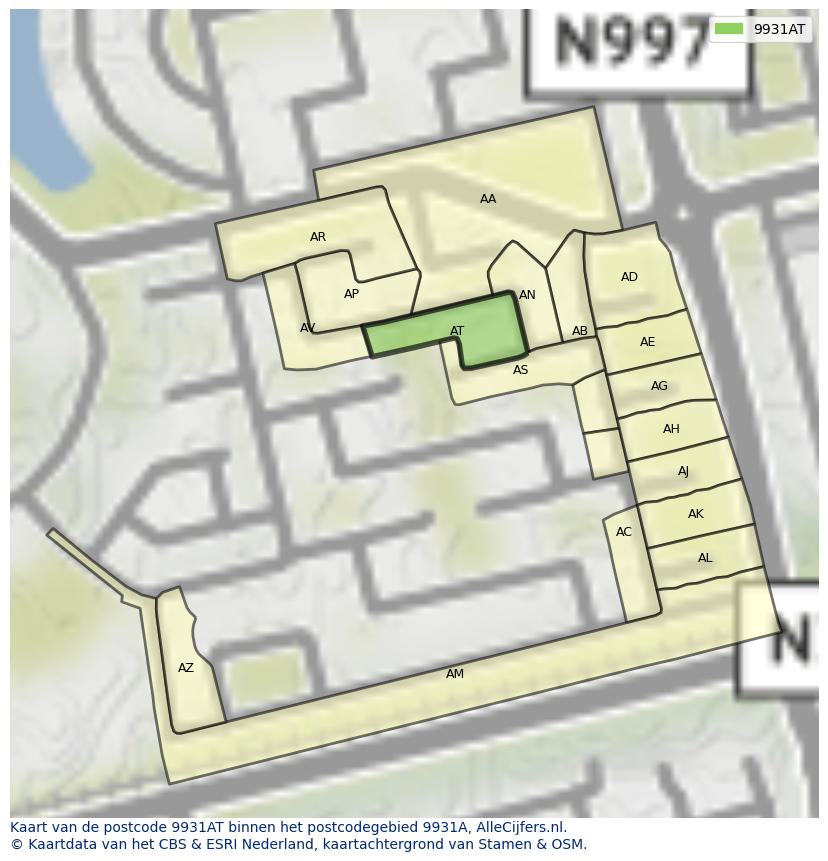 Afbeelding van het postcodegebied 9931 AT op de kaart.