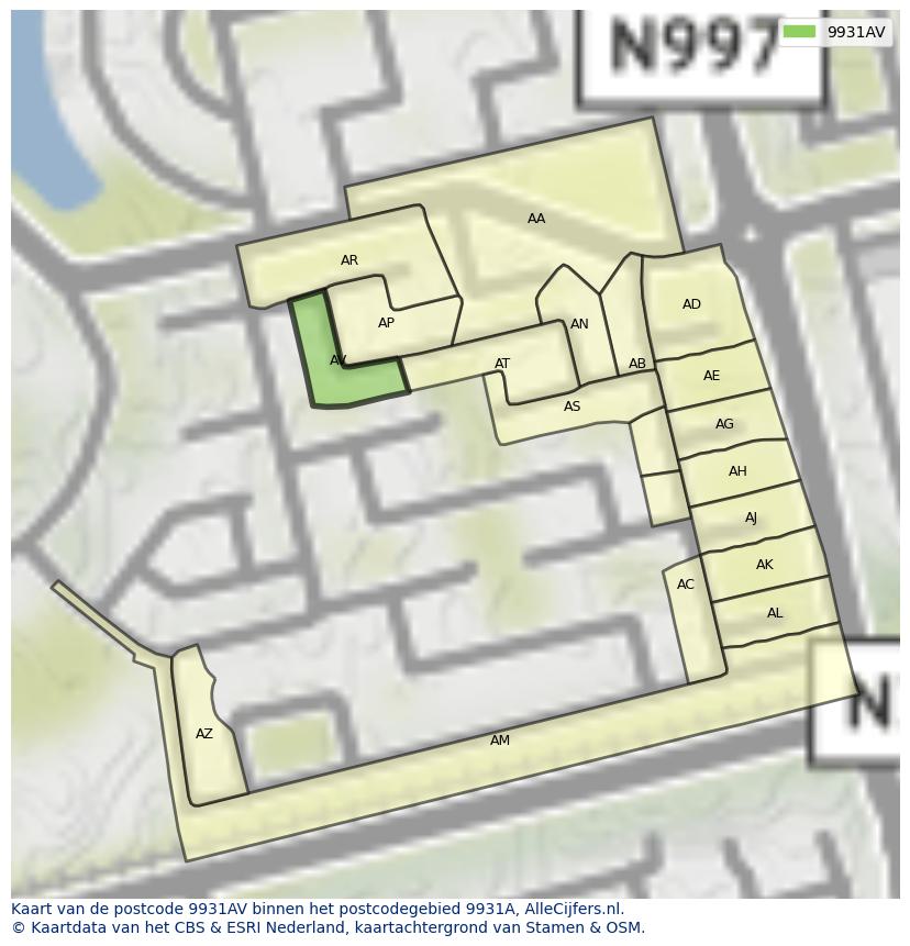 Afbeelding van het postcodegebied 9931 AV op de kaart.