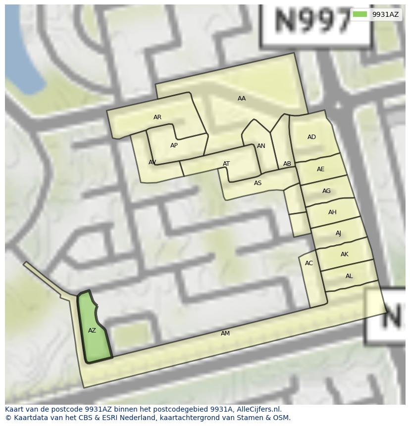 Afbeelding van het postcodegebied 9931 AZ op de kaart.