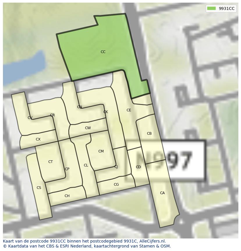 Afbeelding van het postcodegebied 9931 CC op de kaart.