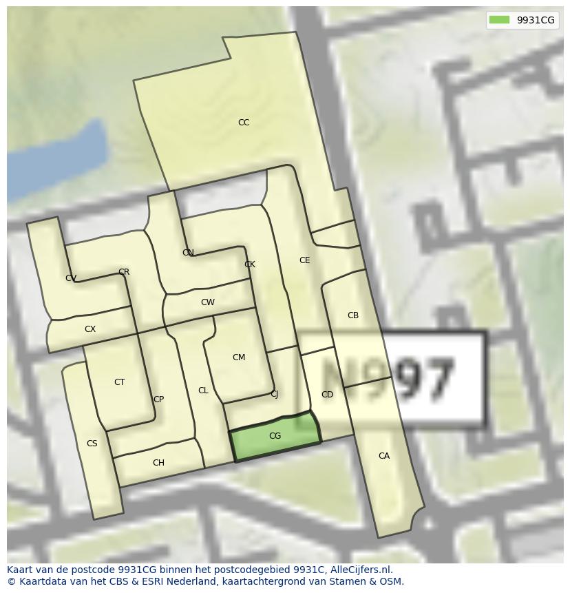 Afbeelding van het postcodegebied 9931 CG op de kaart.