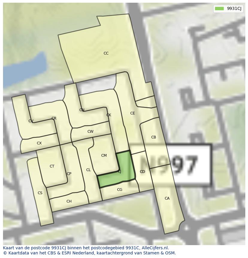 Afbeelding van het postcodegebied 9931 CJ op de kaart.