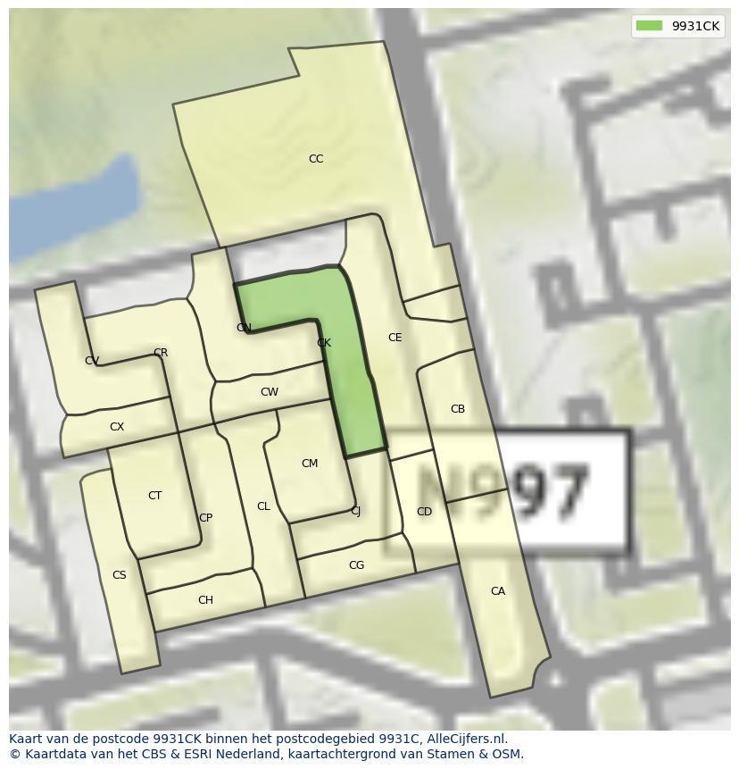 Afbeelding van het postcodegebied 9931 CK op de kaart.