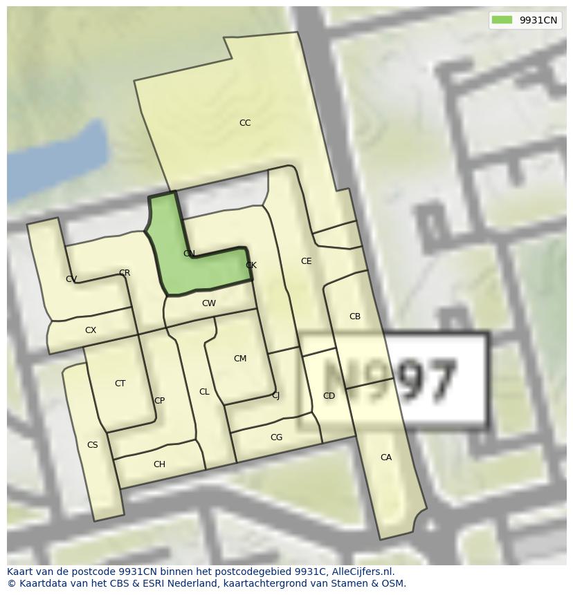 Afbeelding van het postcodegebied 9931 CN op de kaart.