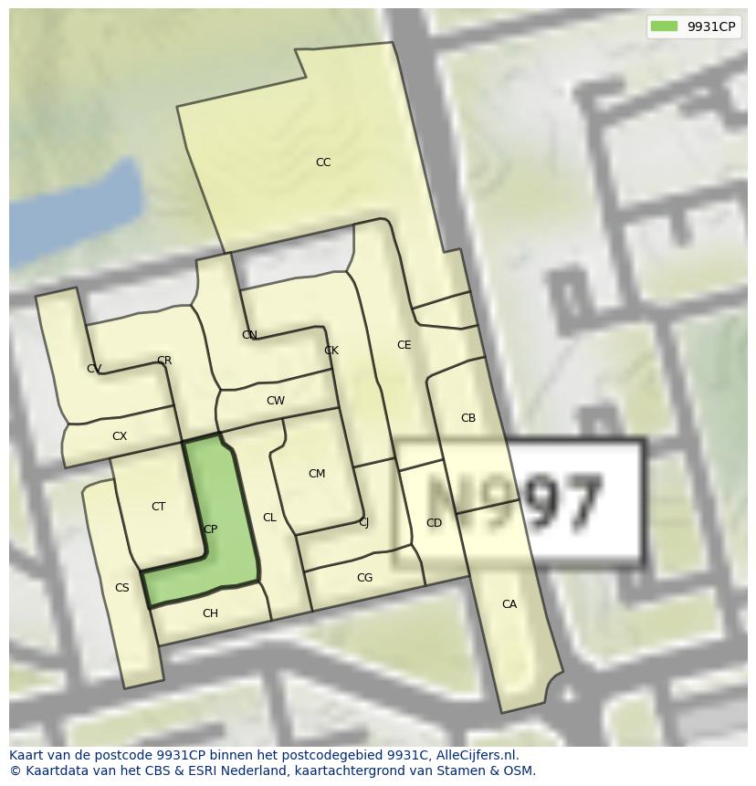 Afbeelding van het postcodegebied 9931 CP op de kaart.