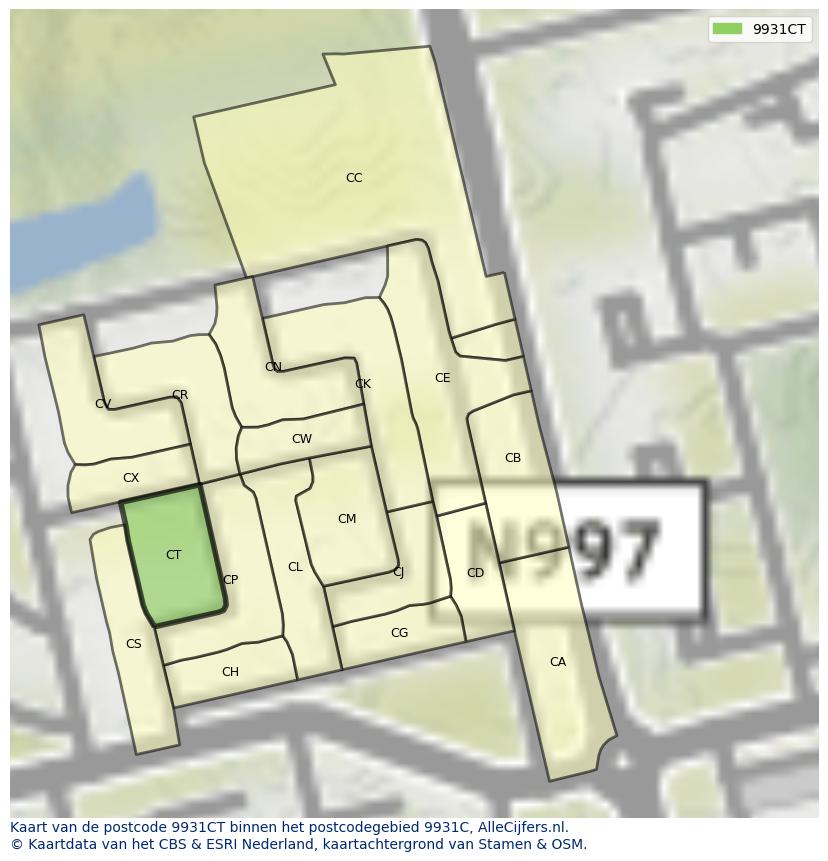 Afbeelding van het postcodegebied 9931 CT op de kaart.