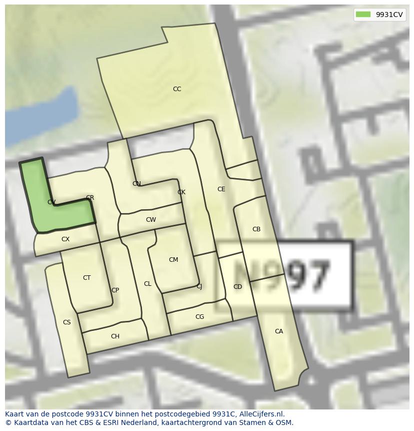 Afbeelding van het postcodegebied 9931 CV op de kaart.