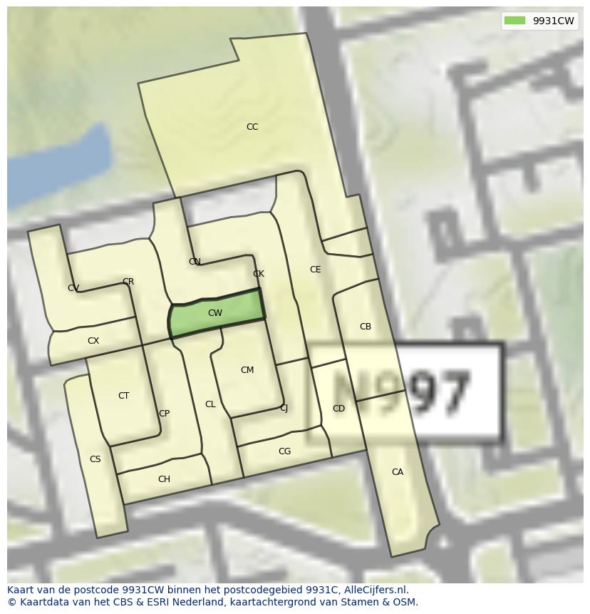 Afbeelding van het postcodegebied 9931 CW op de kaart.