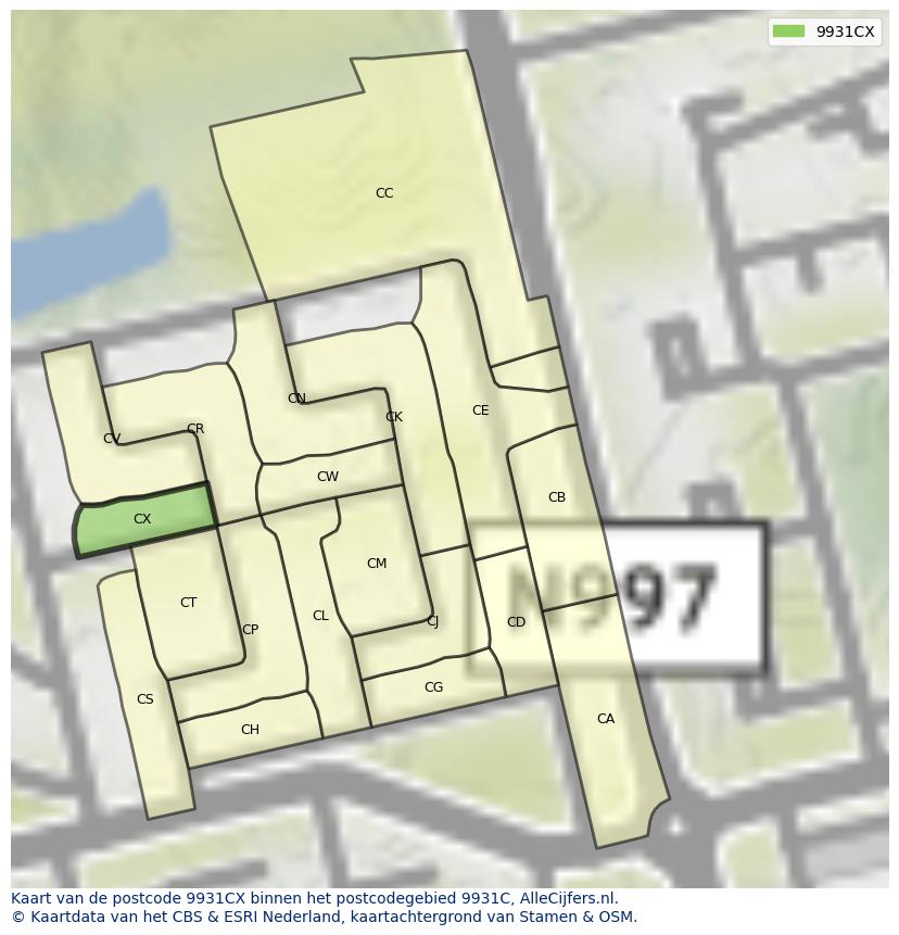 Afbeelding van het postcodegebied 9931 CX op de kaart.