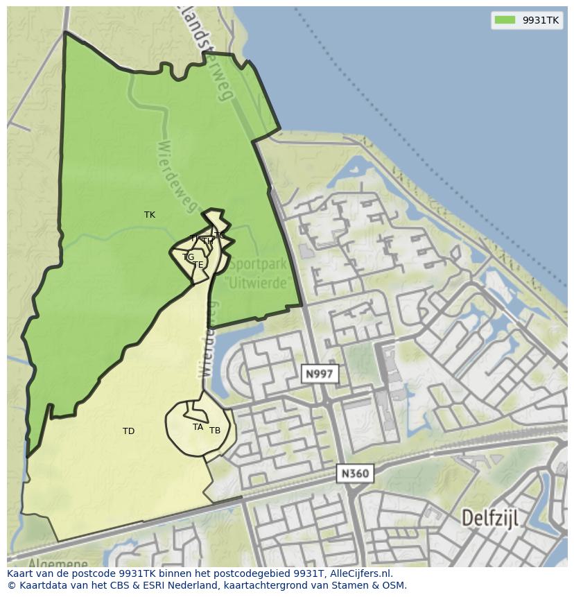 Afbeelding van het postcodegebied 9931 TK op de kaart.