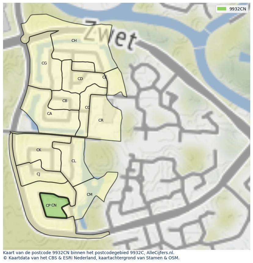 Afbeelding van het postcodegebied 9932 CN op de kaart.
