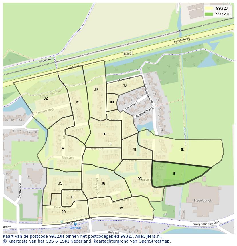 Afbeelding van het postcodegebied 9932 JH op de kaart.
