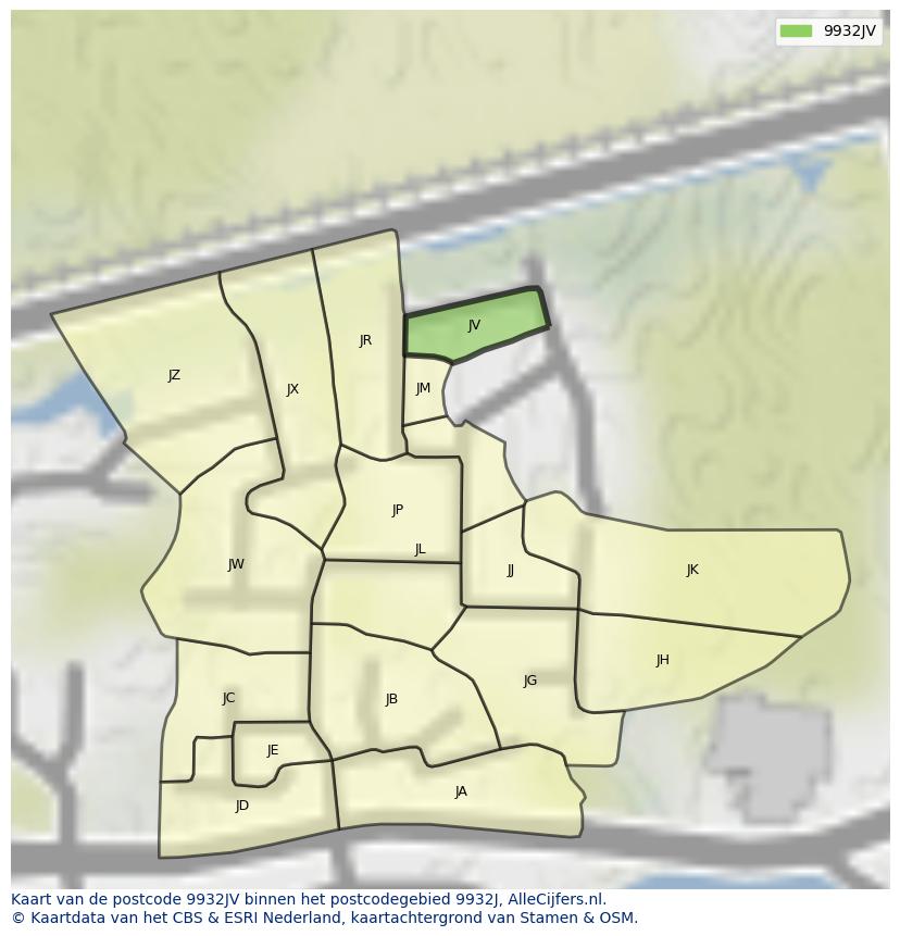 Afbeelding van het postcodegebied 9932 JV op de kaart.