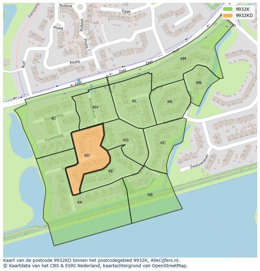 Afbeelding van het postcodegebied 9932 KD op de kaart.