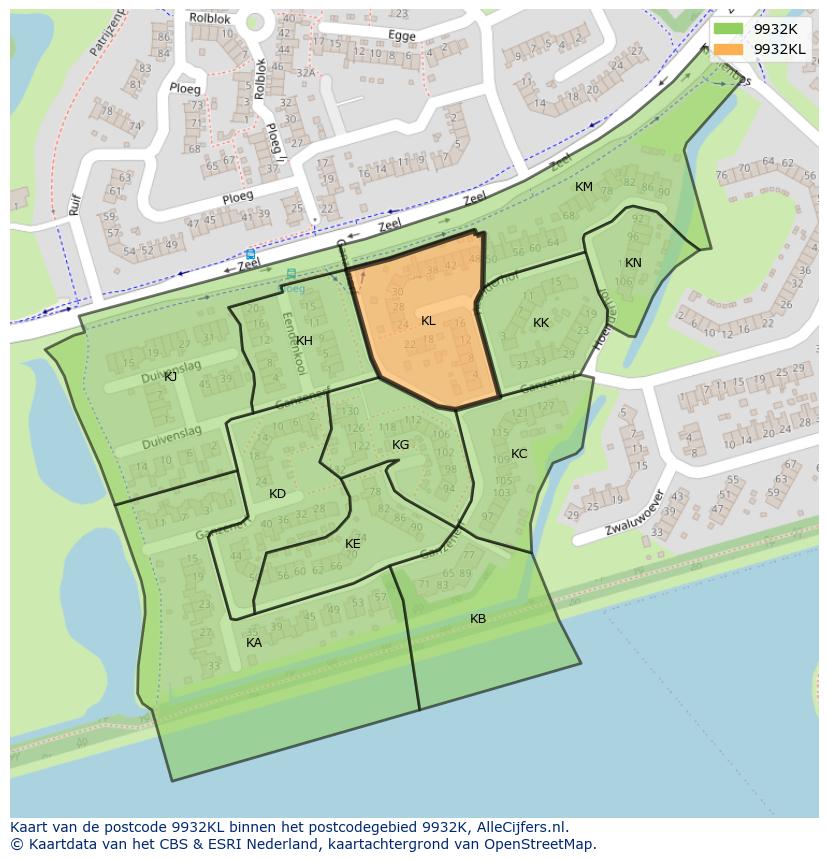 Afbeelding van het postcodegebied 9932 KL op de kaart.