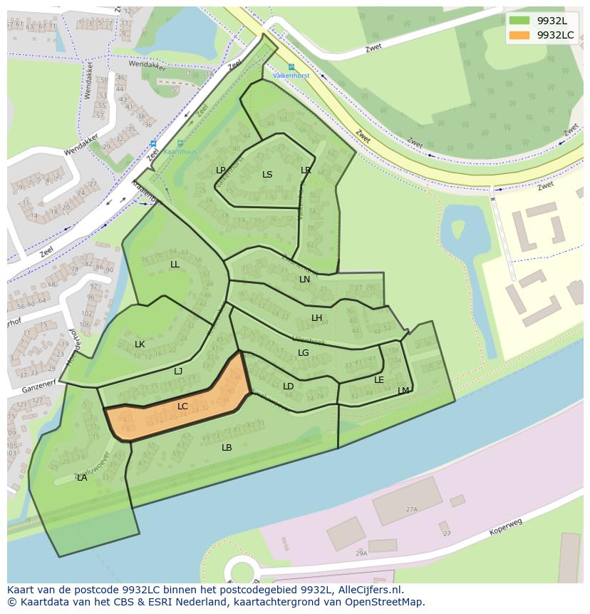 Afbeelding van het postcodegebied 9932 LC op de kaart.