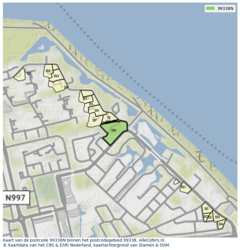 Afbeelding van het postcodegebied 9933 BN op de kaart.
