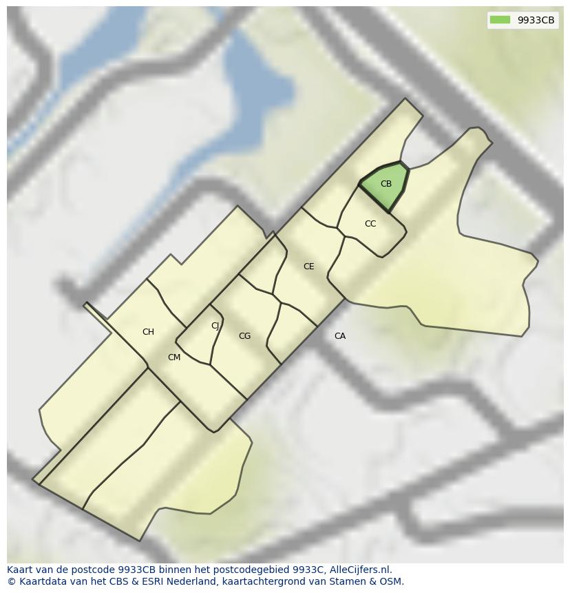 Afbeelding van het postcodegebied 9933 CB op de kaart.