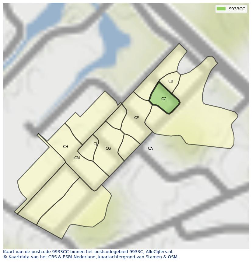 Afbeelding van het postcodegebied 9933 CC op de kaart.